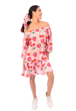 Caico Dress, Berry blossom, off the shoulders dress, strawberries, cherries, mid lenght 