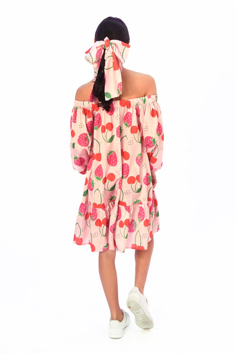 Caico Dress, Berry blossom, off the shoulders dress, strawberries, cherries, mid lenght 